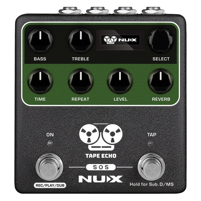 Image of the NU-X Tape Echo Effect Pedal, a vintage echo unit featuring six control knobs: Bass, Treble, Select, Time, Repeat, Level, and Reverb. It includes two footswitches labeled Rec/Play/Dub and Tap. The sleek black and green design is accented by white text.