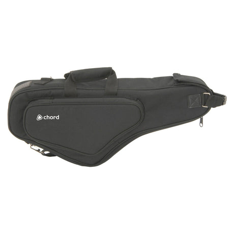 The Chord Tenor Saxophone Transit Bag is showcased in a black design. This sleek, water-resistant bag comes with a padded handle and an adjustable shoulder strap for added protection and ease of portability. Its secure zipper closure ensures it serves as a dependable padded transit bag for any musician on the move.