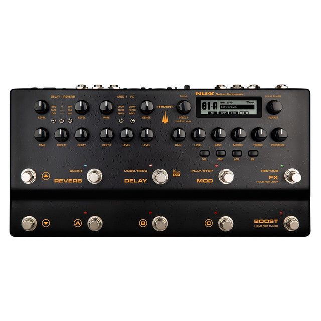 The NU-X Trident Amp Simulator & Multi-Fx Pedal is an effects powerhouse with multiple knobs and switches for reverb, delay, modulation, and amp simulation. It features a digital display and footswitches to control sound settings. The sleek black unit is adorned with orange and white labeling for easy navigation.