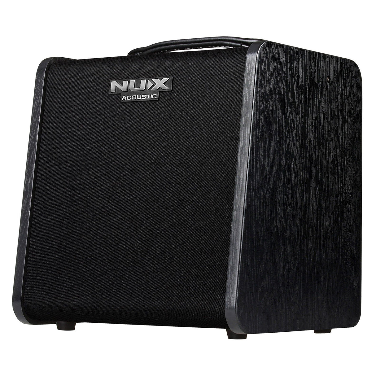 The NU-X Stageman II AC-60 Acoustic Amplifier is a black amplifier with a sleek, modern design. It includes a sturdy handle on top and a textured finish. The brand's logo is prominently displayed on the front, and it supports Bluetooth audio streaming for versatile connectivity.
