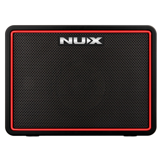 The NU-X Mighty Lite BT Mkii Guitar Amp in black boasts an eye-catching red trim and a textured grill on the front. Equipped with Bluetooth connectivity, it prominently features the NUX logo at the top center, making it ideal for any guitarist who values both style and functionality.