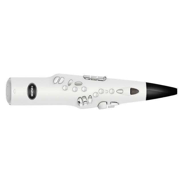 A sleek and modern NU-X NES-1 Digital Wind Instrument in a white design, adorned with various buttons along its body and a prominently displayed brand logo. This instrument is crafted for functionality, similar to how the 5.8GHz plug-in receiver optimizes wireless performance for saxophone players.
