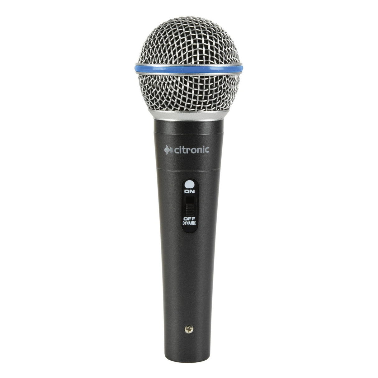 The Citronic DM15 Dynamic Microphone is a black handheld vocal microphone with a dynamic capsule and a silver mesh grille, proudly displaying the Citronic brand on the side. It features an easy-to-use on/off switch located on the handle and is elegantly presented against a white background.