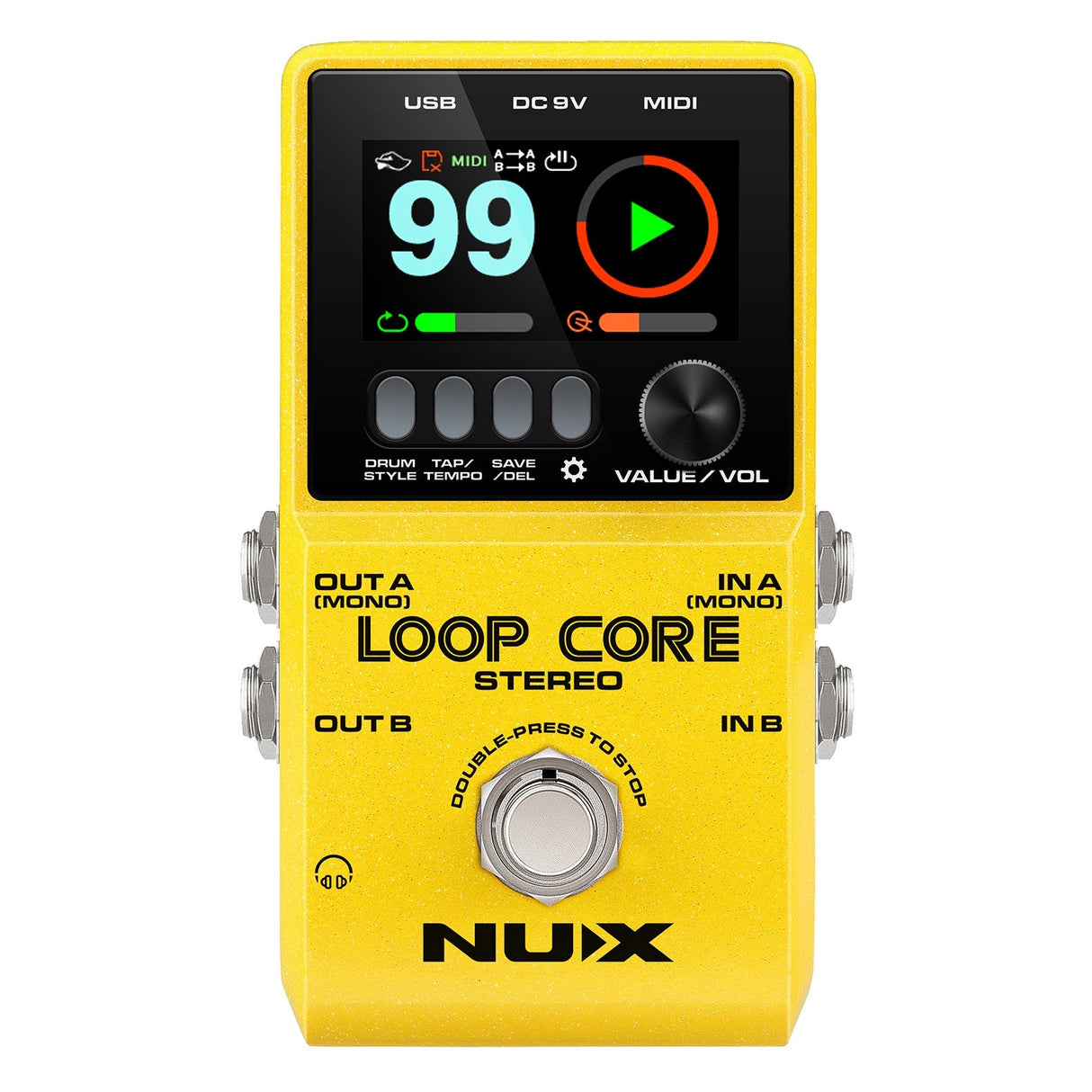 The NU-X Loop Core Stereo Pedal in yellow includes a digital screen showcasing 99 with control symbols for MIDI, USB, and DC 9V. It offers stereo inputs/outputs named IN A, IN B, OUT A, and OUT B. A prominent central knob enables smooth volume and value modifications.