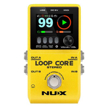 The NU-X Loop Core Stereo Pedal in yellow includes a digital screen showcasing 99 with control symbols for MIDI, USB, and DC 9V. It offers stereo inputs/outputs named IN A, IN B, OUT A, and OUT B. A prominent central knob enables smooth volume and value modifications.