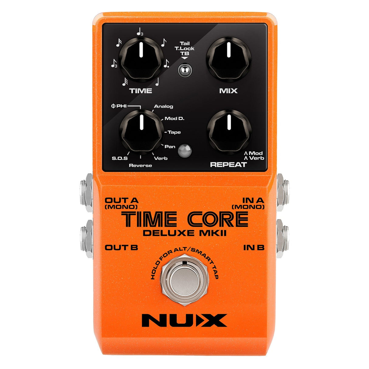 The NU-X Time Core Deluxe MkII Pedal in orange is a digital delay pedal that includes knobs for controlling time, mix, and repeat. It features switches for analog, mod D, and various other settings. Equipped with inputs and outputs designed for stereo signal paths, it is suitable for both mono and stereo use.