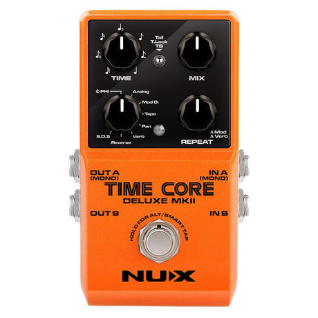 The NU-X Time Core Deluxe MkII Pedal in orange is a digital delay pedal that includes knobs for controlling time, mix, and repeat. It features switches for analog, mod D, and various other settings. Equipped with inputs and outputs designed for stereo signal paths, it is suitable for both mono and stereo use.