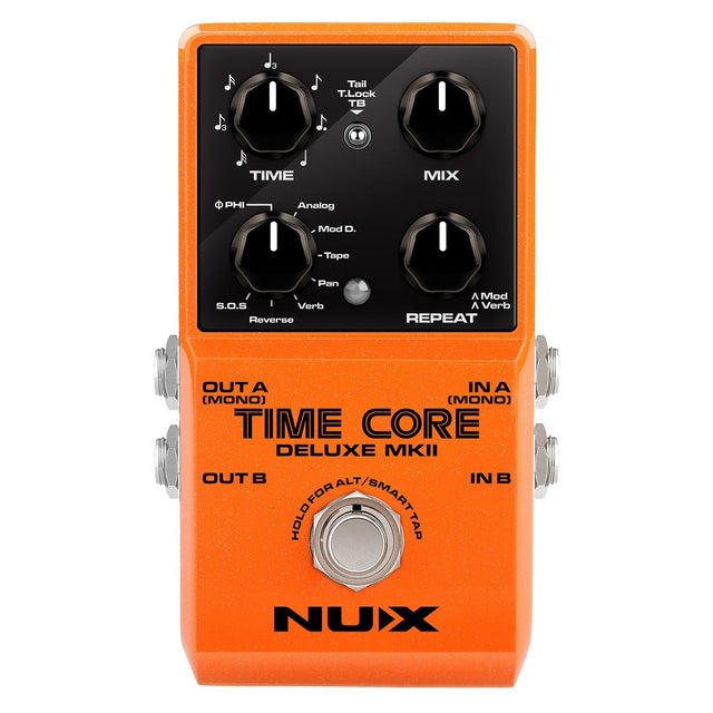 The NU-X Time Core Deluxe MkII Pedal in orange is a digital delay pedal that includes knobs for controlling time, mix, and repeat. It features switches for analog, mod D, and various other settings. Equipped with inputs and outputs designed for stereo signal paths, it is suitable for both mono and stereo use.