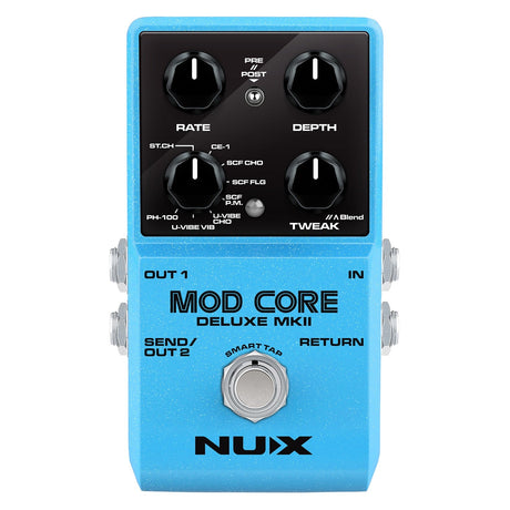 The NU-X Mod Core Deluxe MKII Pedal in blue, with black knobs, offers advanced modulation models and controls for rate, depth, and tweak functions. It also features versatile settings such as chorus and vibrato. The conveniently labeled side inputs and outputs ensure easy access.