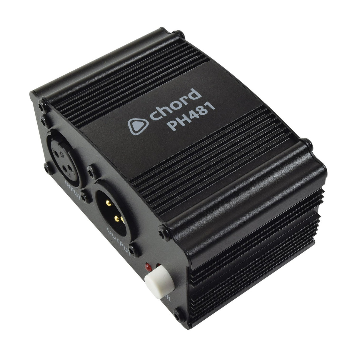 Chord PH481 single channel 48V phantom power unit in a black ridged metal casing with XLR input, XLR output, and power button on a white background.