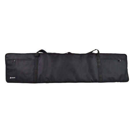 Introducing the Chord Stage Piano Bag: A black padded bag crafted specifically for an 88-key digital piano. It features double handles and zippered pockets, and is made from smooth, durable nylon fabric to ensure protection. A small brand logo is elegantly placed on the lower left corner.