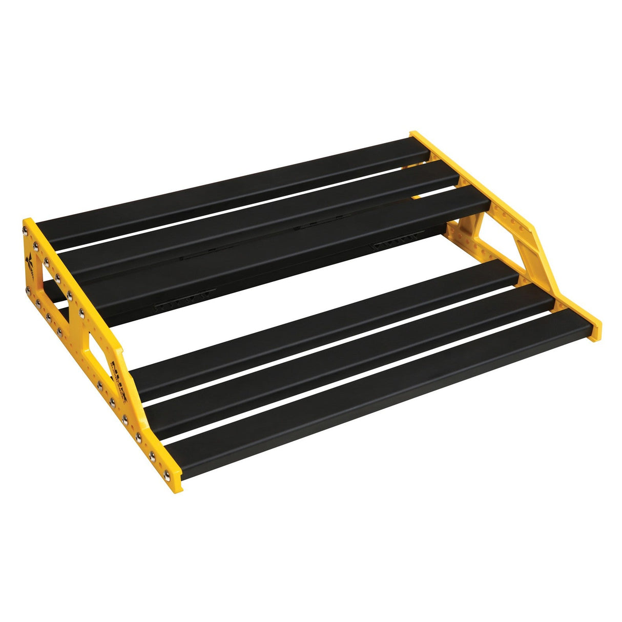 Introducing the NU-X Large Bumblebee Pedalboard + Bag + Accessories: a vibrant yellow and black anodized aluminum stool featuring two wide steps for enhanced stability and easy access. Its design includes open framework sides that bring to mind a bumblebee pedalboard, all showcased on a plain white background.