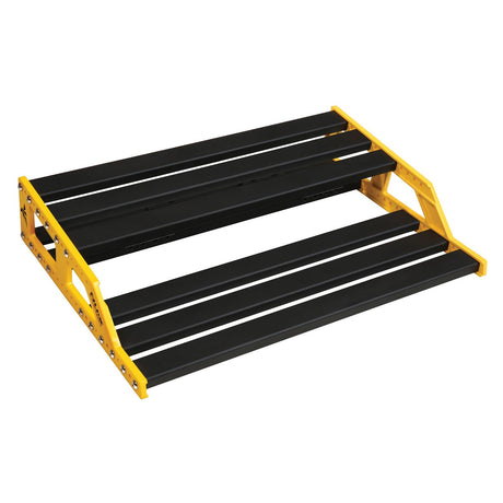 Introducing the NU-X Large Bumblebee Pedalboard + Bag + Accessories: a vibrant yellow and black anodized aluminum stool featuring two wide steps for enhanced stability and easy access. Its design includes open framework sides that bring to mind a bumblebee pedalboard, all showcased on a plain white background.