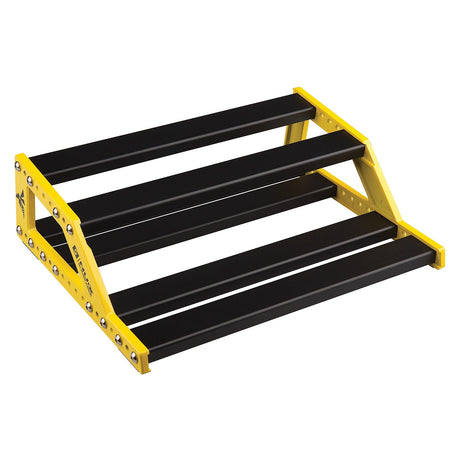 The NU-X Small Bumblebee Pedalboard, featuring a yellow and black design similar to a lightweight step ladder with four wide steps, offers a portable and sturdy platform. It boasts an anodized aluminum frame with bolt accents for enhanced durability.