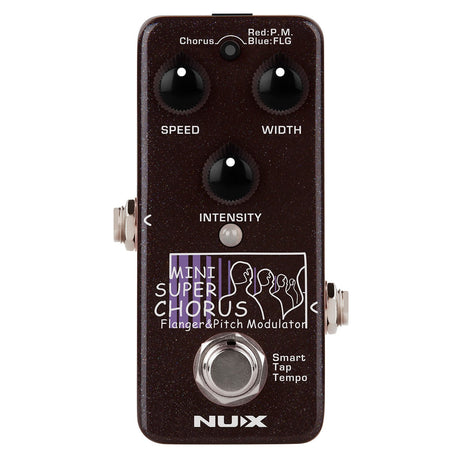 The image features a NU-X Mini Super Chorus-Flanger Pedal, expertly controlling modulation with its three knobs labeled Speed, Width, and Intensity. As a Flanger & Pitch Modulator, it includes a Smart Tap Tempo switch and boasts a sleek dark brown finish.