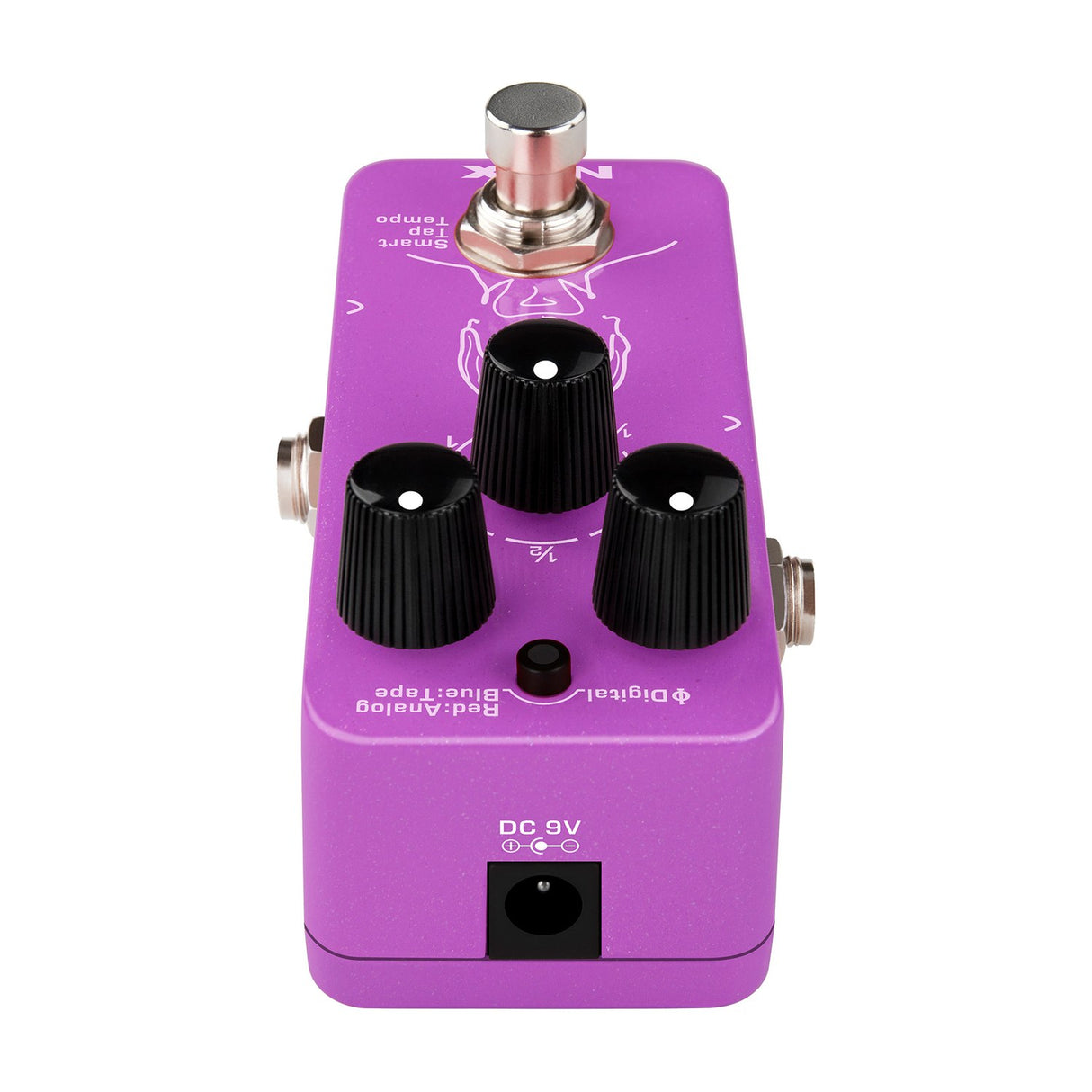 Side view of the NU-X NDD-3 Edge mini delay pedal in purple, showing three black knobs, mode button, footswitch, and DC 9V input on a white background.