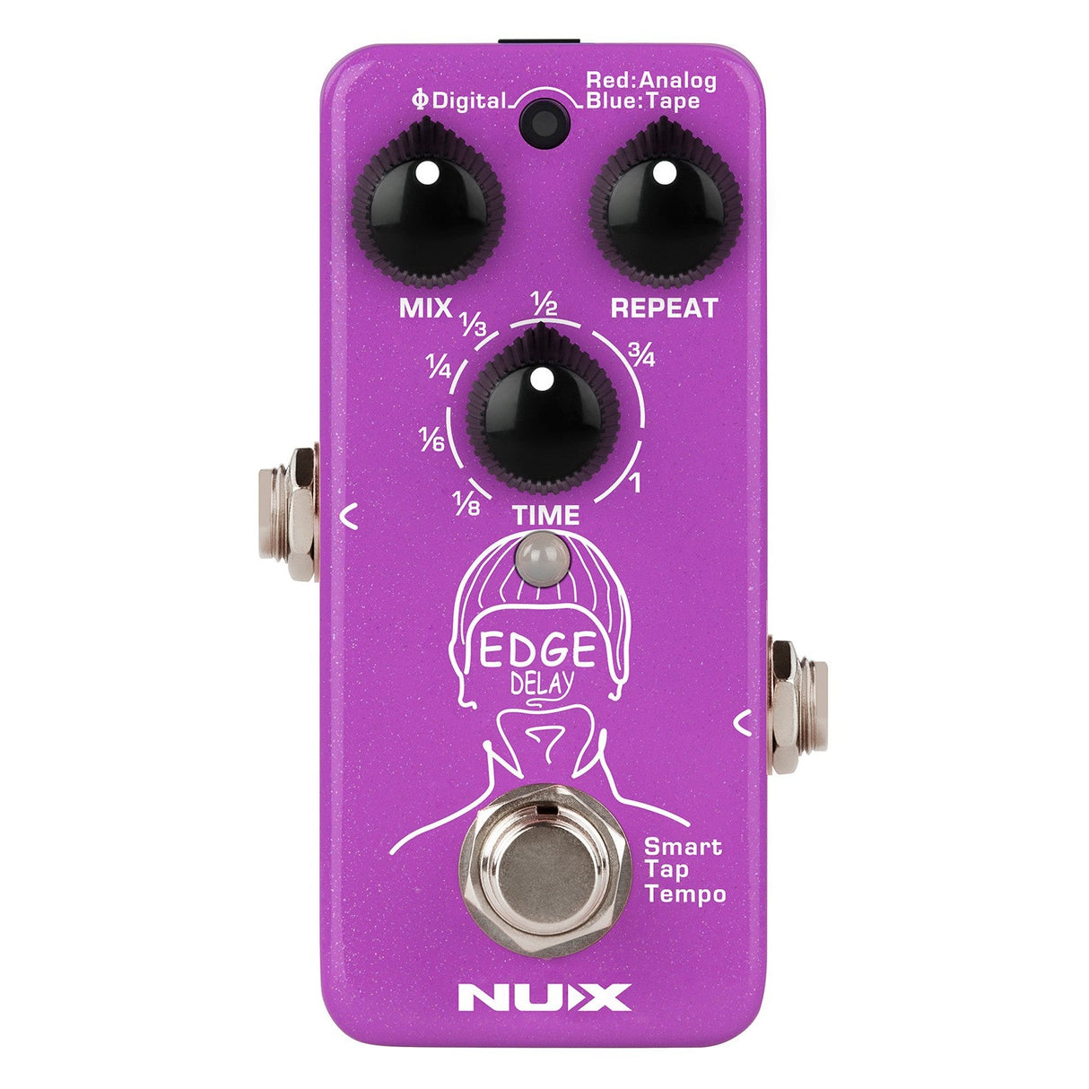 The NU-X Edge Mini Delay Pedal is a purple guitar effects pedal with three black knobs labeled Mix, Repeat, and Time. It features an illustration of a head wearing headphones and includes a Smart Tap Tempo footswitch along with LED indicators for Analog Delay and Tape Echo modes.
