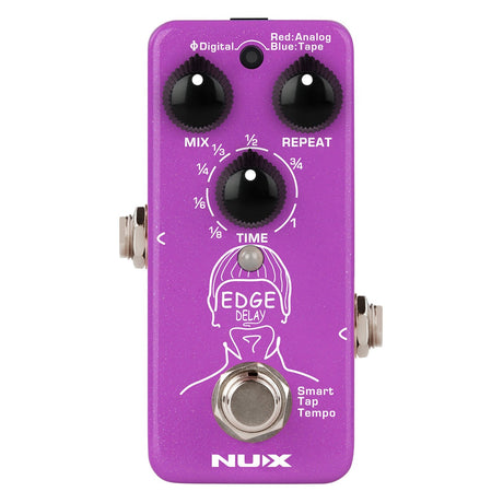 The NU-X Edge Mini Delay Pedal is a purple guitar effects pedal with three black knobs labeled Mix, Repeat, and Time. It features an illustration of a head wearing headphones and includes a Smart Tap Tempo footswitch along with LED indicators for Analog Delay and Tape Echo modes.