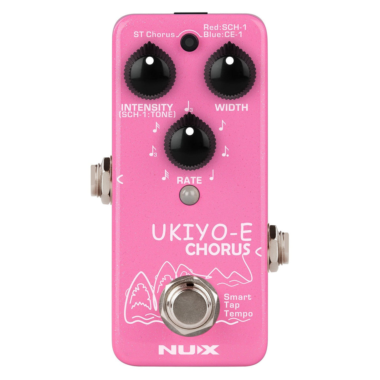 The NU-X Ukiyo-E Mini Chorus Pedal is a pink stereo chorus pedal featuring three black knobs labeled for intensity, width, and rate, adorned with musical note icons. It is equipped with a silver footswitch and includes a tap tempo function. The brand name NUX is elegantly printed below, capturing the charm of classic chorus pedals.