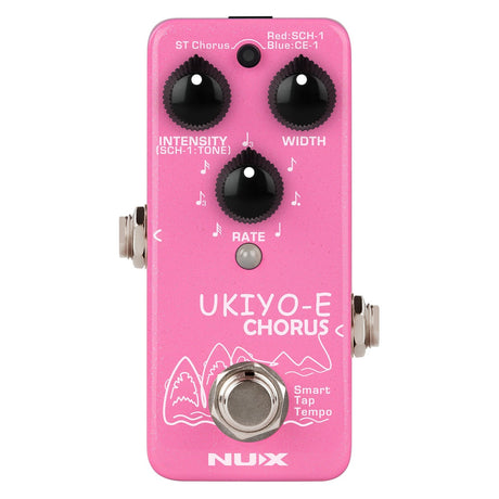 The NU-X Ukiyo-E Mini Chorus Pedal is a pink stereo chorus pedal featuring three black knobs labeled for intensity, width, and rate, adorned with musical note icons. It is equipped with a silver footswitch and includes a tap tempo function. The brand name NUX is elegantly printed below, capturing the charm of classic chorus pedals.