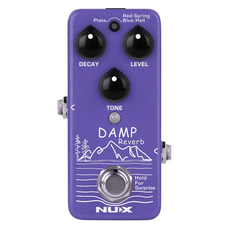 The NU-X Damp Digital Reverb Pedal, a purple guitar effects pedal, features three black knobs for adjusting Decay, Level, and Tone. This compact digital reverb provides switchable modes for Plate, Spring, and Hall reverbs. An intriguing footswitch with "Hold for Surprise" text adds a unique touch. It is elegantly adorned with simple line art.