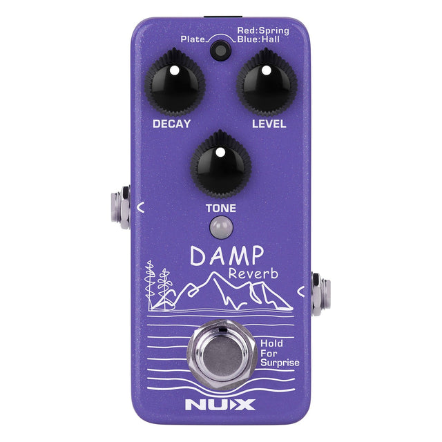 The NU-X Damp Digital Reverb Pedal, a purple guitar effects pedal, features three black knobs for adjusting Decay, Level, and Tone. This compact digital reverb provides switchable modes for Plate, Spring, and Hall reverbs. An intriguing footswitch with "Hold for Surprise" text adds a unique touch. It is elegantly adorned with simple line art.