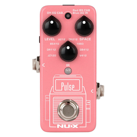 Image of a pink NU-X Pulse Impulse Response Pedal showcasing a central footswitch and four black knobs labeled Level, Space, along with various settings for guitar cab mode. Equipped with speaker cabinet simulation, it offers multiple input/output jacks on the sides for versatile connections.