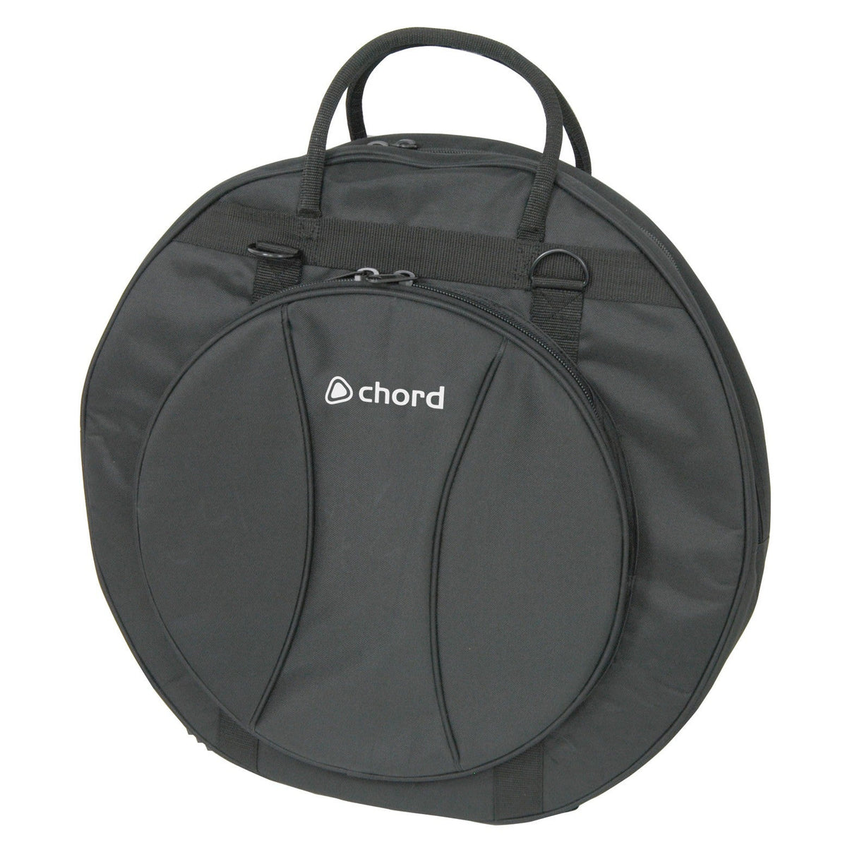 The Chord Cymbal Gig Bag is a versatile percussion accessory in black, featuring two zippered compartments and carry handles. Its simple, functional design allows it to securely store your equipment while also serving as a padded drum bag for easy transportation.