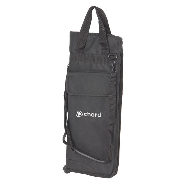 Introducing the Chord Pro Drum Stick Bag, a sleek black carrying bag emblazoned with the Chord logo in white, ideal for organizing your drum accessories. It comes equipped with a top handle and shoulder strap for easy transport, and features a front flap pocket for additional storage. Its padded design makes it perfect for safely storing your drum sticks on the go.