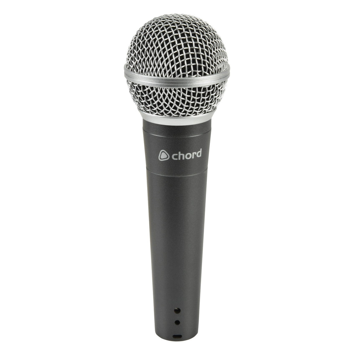 The Chord DM02 Professional Dynamic Vocal Microphone features a classic design with a black handheld body, complemented by a silver mesh grille and the Chord branding on the handle. Known for its wide dynamic range, it is ideal for enhancing vocal intelligibility.