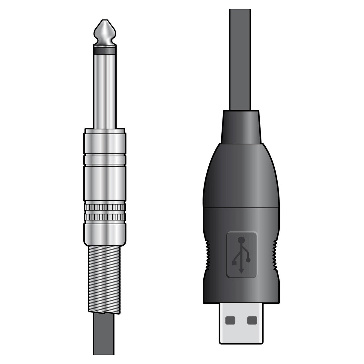 Illustration of two cables: the Citronic Mono 6.3mm Jack on the left and a USB type A connector on the right, symbolizing the bridge between analogue to digital conversion, shown side by side against a white background.