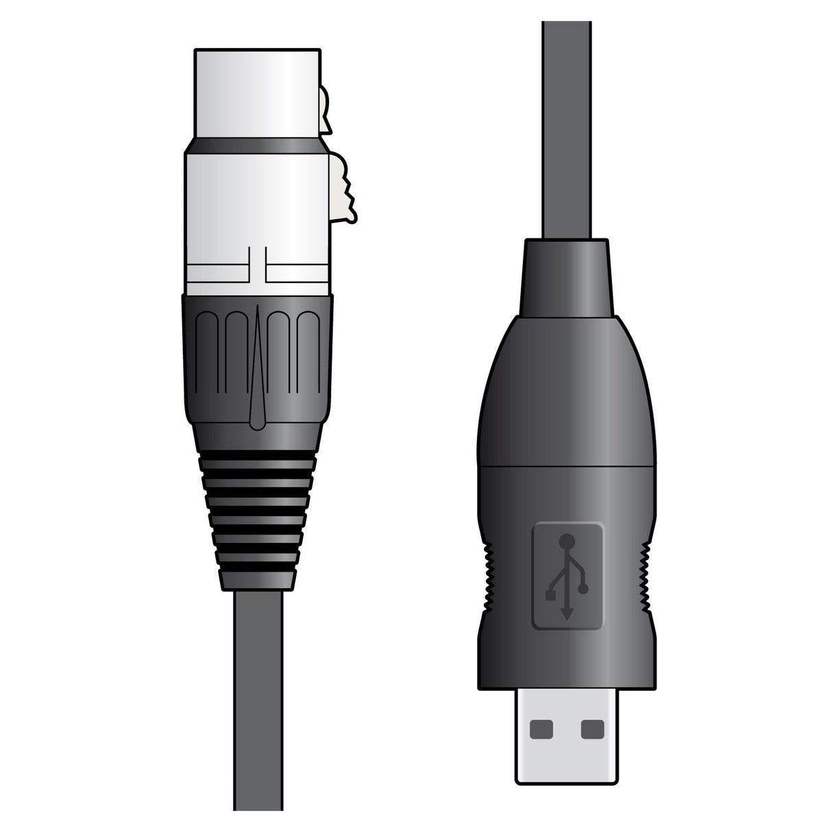 Illustration of the Citronic XLRF To USB Converter Lead - 3m with an XLR cable connector on the left and a USB connector on the right, each featuring a black cable, demonstrating plug-and-play recording for seamless analog to digital conversion.