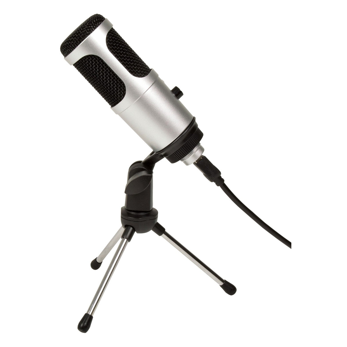 The Citronic USB Podcast Microphone and Stand is a sleek silver and black studio condenser microphone perched on a small tripod stand, connected by cable. Ideal for podcasting, this USB audio device is set against a white background, ready to deliver crystal-clear sound.