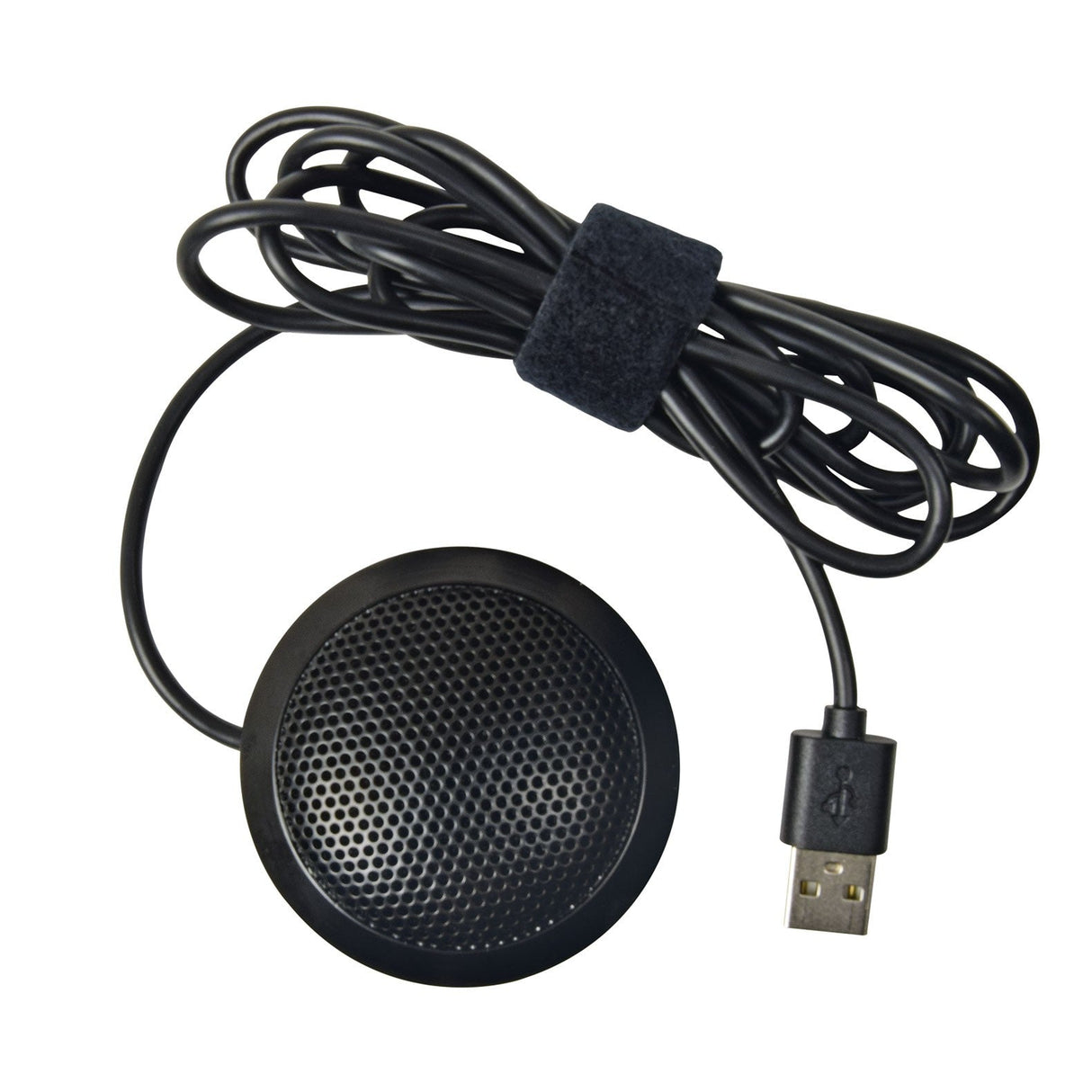 The Citronic Miniature USB Boundary Microphone, featuring a black circular design with an omni-directional pickup and a mesh grill, comes attached to a long, neatly coiled black USB cable secured with a Velcro strap. Ideal for video conferencing, it delivers clear sound in any setting.