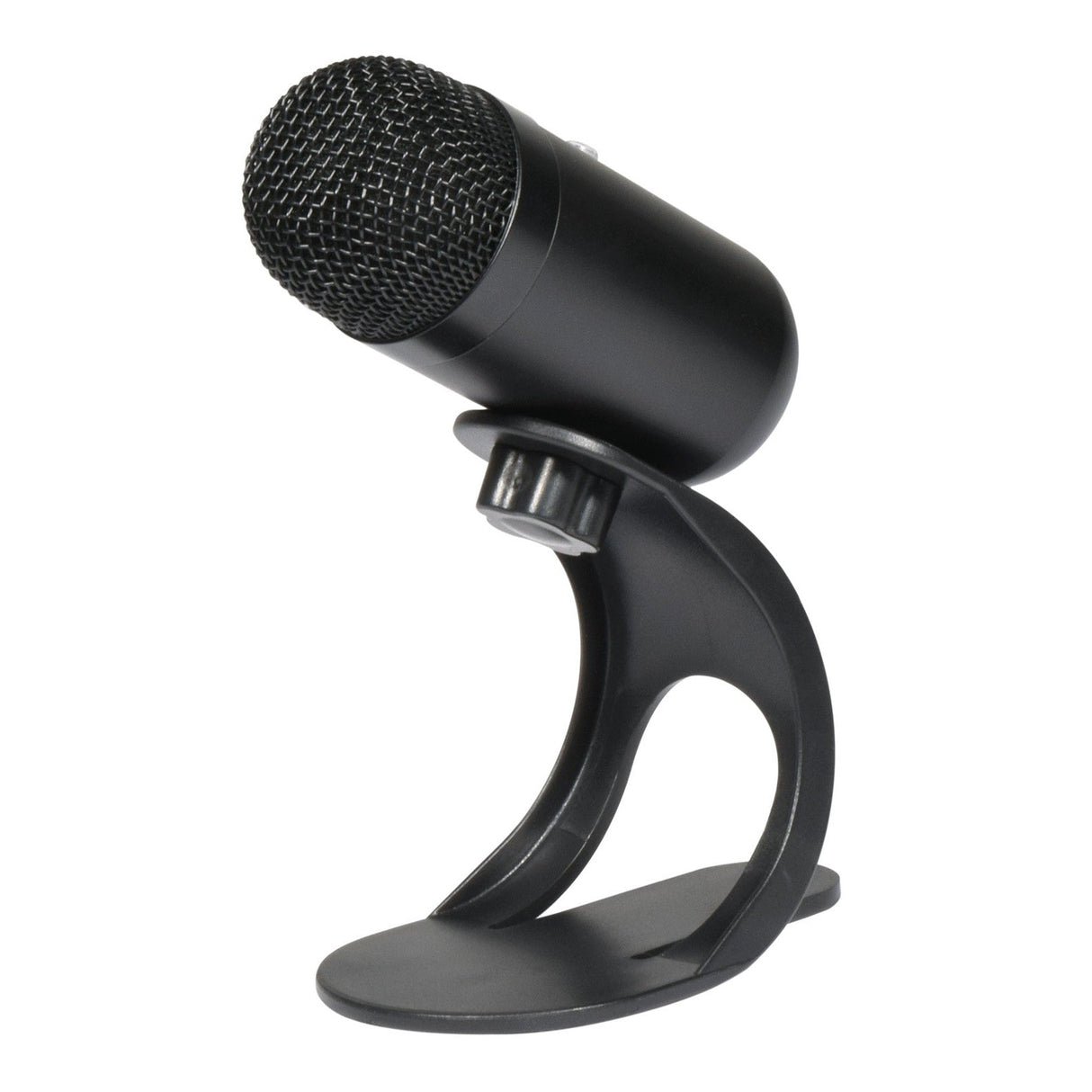The QTX Mini Desktop USB Microphone, featuring a black USB Type-C design with a mesh head, is mounted on a stylish black stand. The stand's curved design provides sturdy support, positioning the microphone at an optimal angle for desktop use and enhancing voice recordings against a white background.
