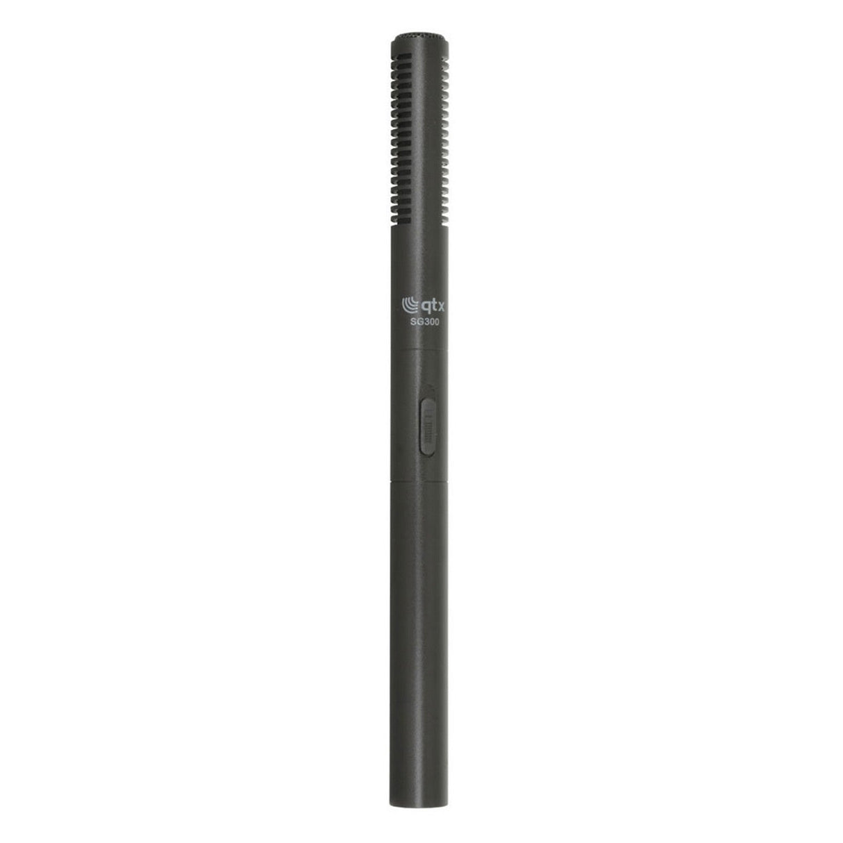The QTX SG300 Shotgun Microphone is a black microphone featuring a slim, cylindrical design with ventilation slots near the top and an XLRM connector. The brand name "qtx" and model number "650.050" are printed on its body. It has a straightforward on/off switch and incorporates an advanced polar pattern for optimal sound capture.