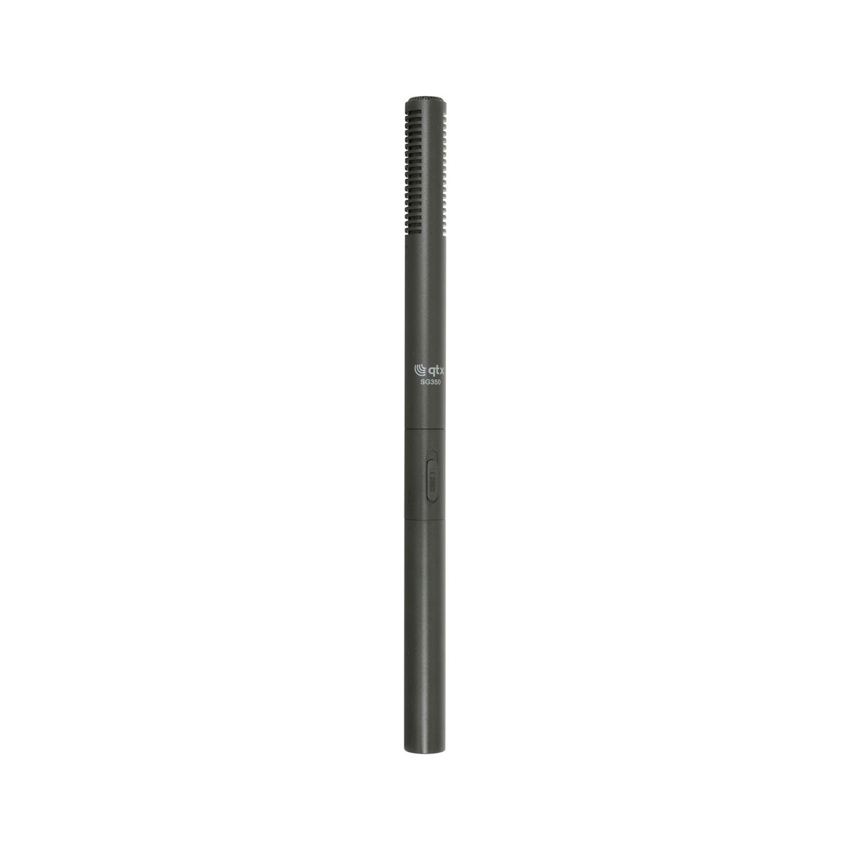 QTX SG350 switchable long shotgun microphone in matte black with slotted capsule, three-way switch and XLRM connector, upright on white background.