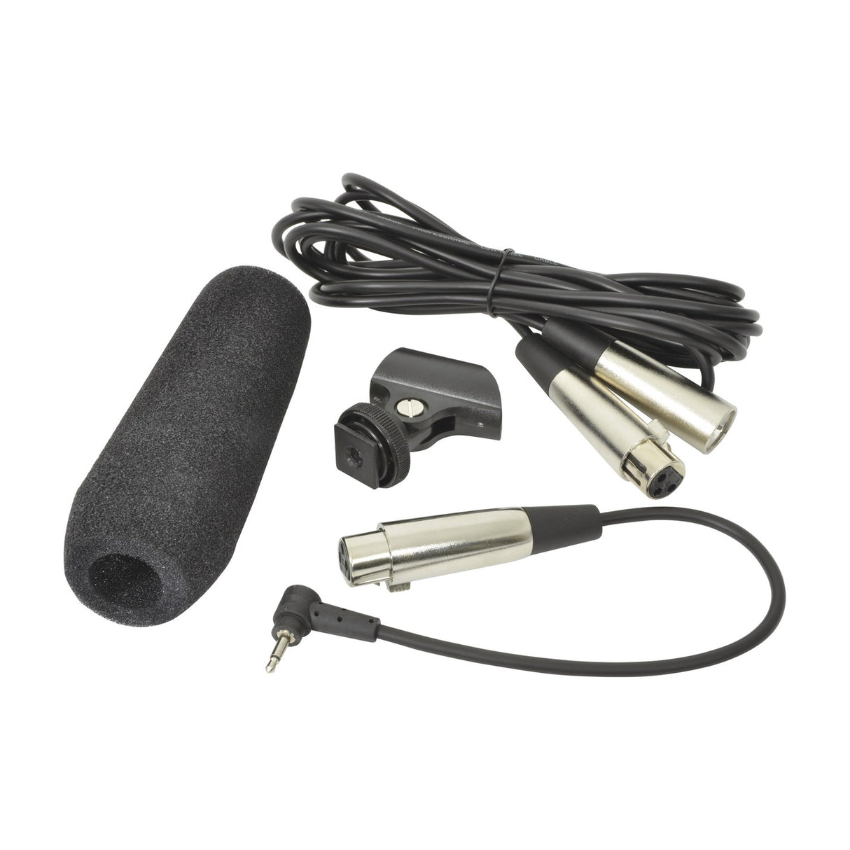 QTX SG350 shotgun microphone accessories from AVSL, showing foam windshield, XLR cable, hot-shoe mount clip and 3.5mm to XLR adapter lead on white.