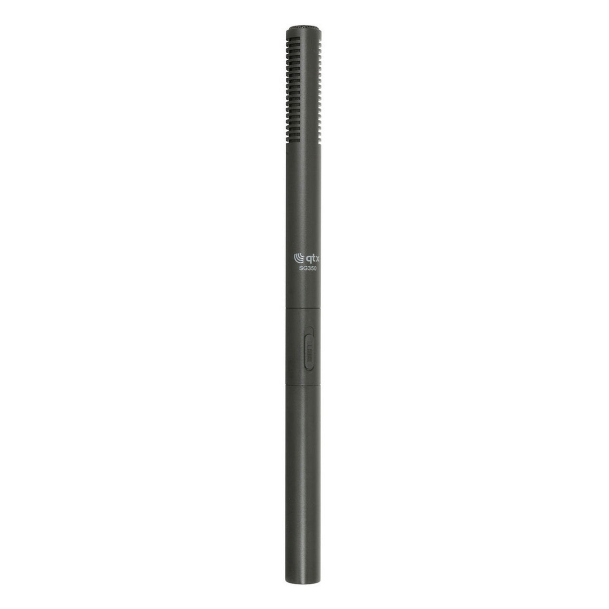The QTX SG350 Long Shotgun Microphone is a black microphone with a cylindrical body, featuring a cardioid/hypercardioid polar pattern and a slotted top for capturing directional sound. The brand logo is prominently displayed on the front, and it includes an XLRM connector for professional audio recording.