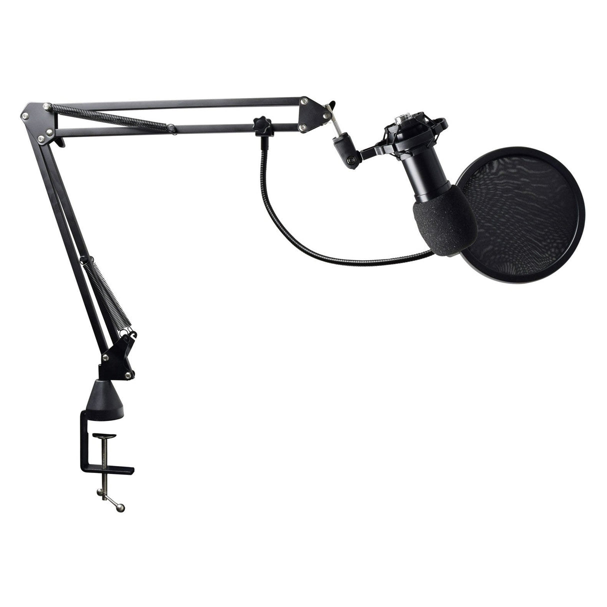 The Citronic Studio Microphone Kit features a black condenser microphone and pop filter mounted on a flexible metal boom arm with a desk clamp. This setup is perfect for podcasting, broadcasting, or home studio recording. The kit allows for adjustable positioning and requires phantom power.