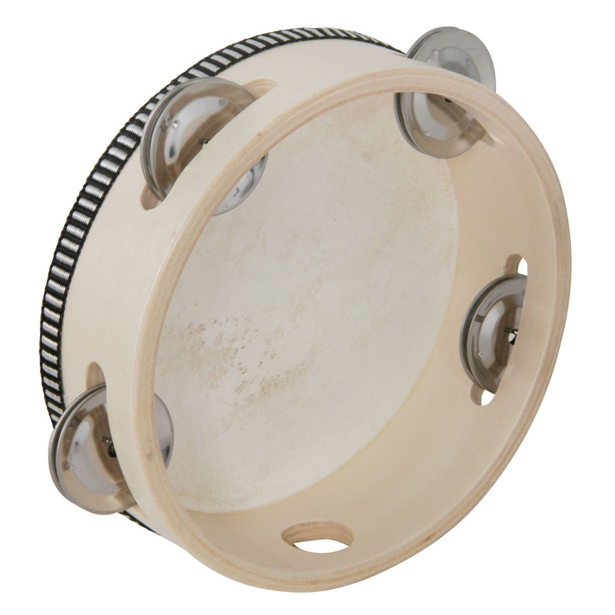 A close-up of the Chord Headed Tambourine 15cm (6") showcases its light beige wooden frame, metal jingles, and textured hide head. The instrument is artfully positioned against a plain white background.