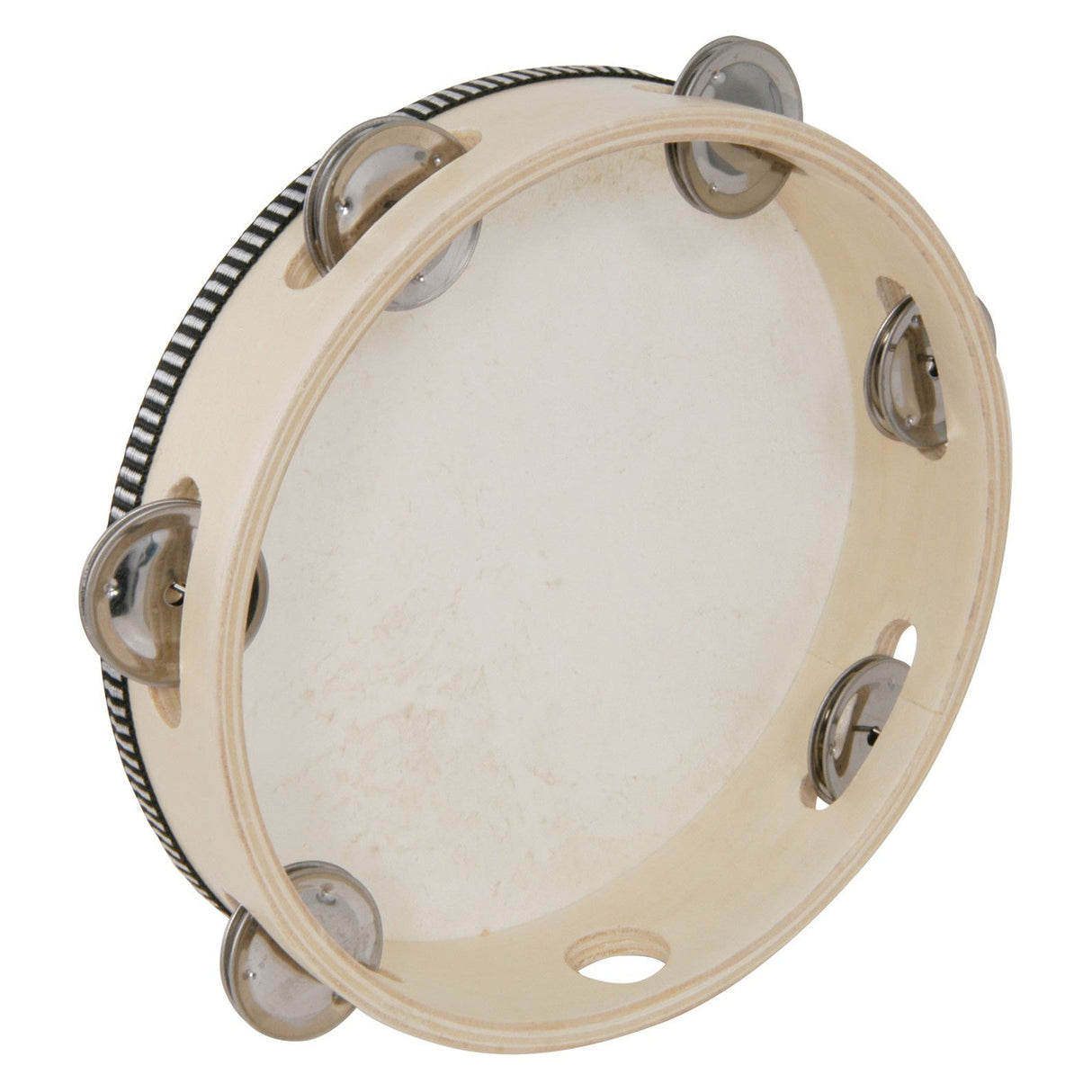 The Chord Headed Tambourine 20cm (8") is a wooden ring musical instrument featuring five pairs of metal jingles evenly spaced around its frame. Its drumhead is crafted from a light-colored material, set against a plain white background.
