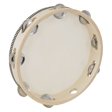 A Chord Headed Tambourine 25cm (10") is shown against a white background, featuring a wooden ring with a hide head and shiny metal jingles. This circular instrument includes multiple pairs of metal discs around its edge, producing a melodic rhythm.