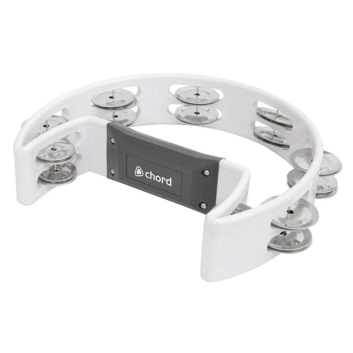 A white plastic tambourine shaped like a half-moon, designed with an ergonomic grip, featuring paired metal jingles and a gray "Chord" logo in the center.
