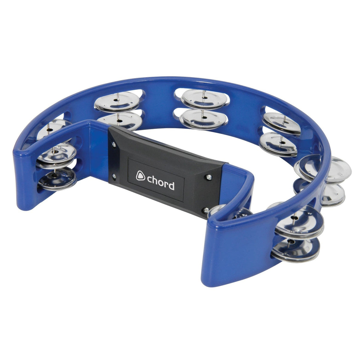 A blue Chord Tambourine with metal jingles, a durable plastic frame, and an ergonomic black grip, featuring the brand name 'chord' in white letters.