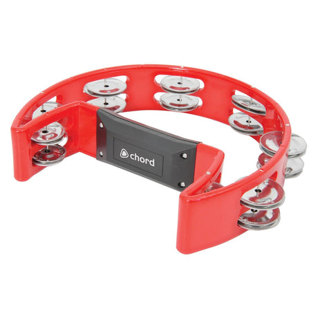 The Chord Tambourine (Single D) - Red comes with silver paired jingles and an ergonomic grip on its black handle, prominently featuring the Chord logo.