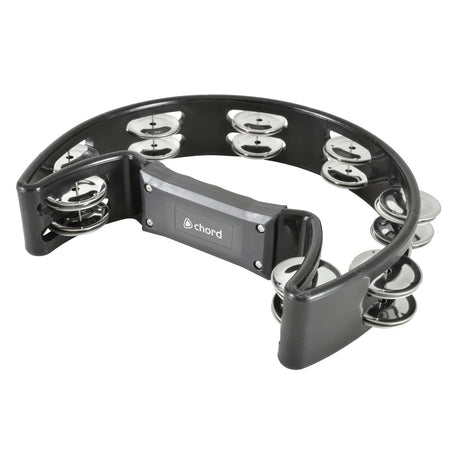 The Chord Tambourine (Single D) in black features a semi-circular design with an ergonomic grip. It includes multiple pairs of silver metal jingles around its frame, merging the classic allure of plastic tambourines with a contemporary design for improved playability.