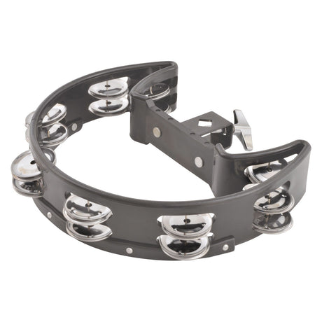 The Chord Drummer Tambourine - Single D is a mountable tambourine in black with silver jingles, crafted in a curved half-moon shape. It includes robust metal brackets for easy attachment to a cymbal stand, allowing smooth integration into your percussion setup.