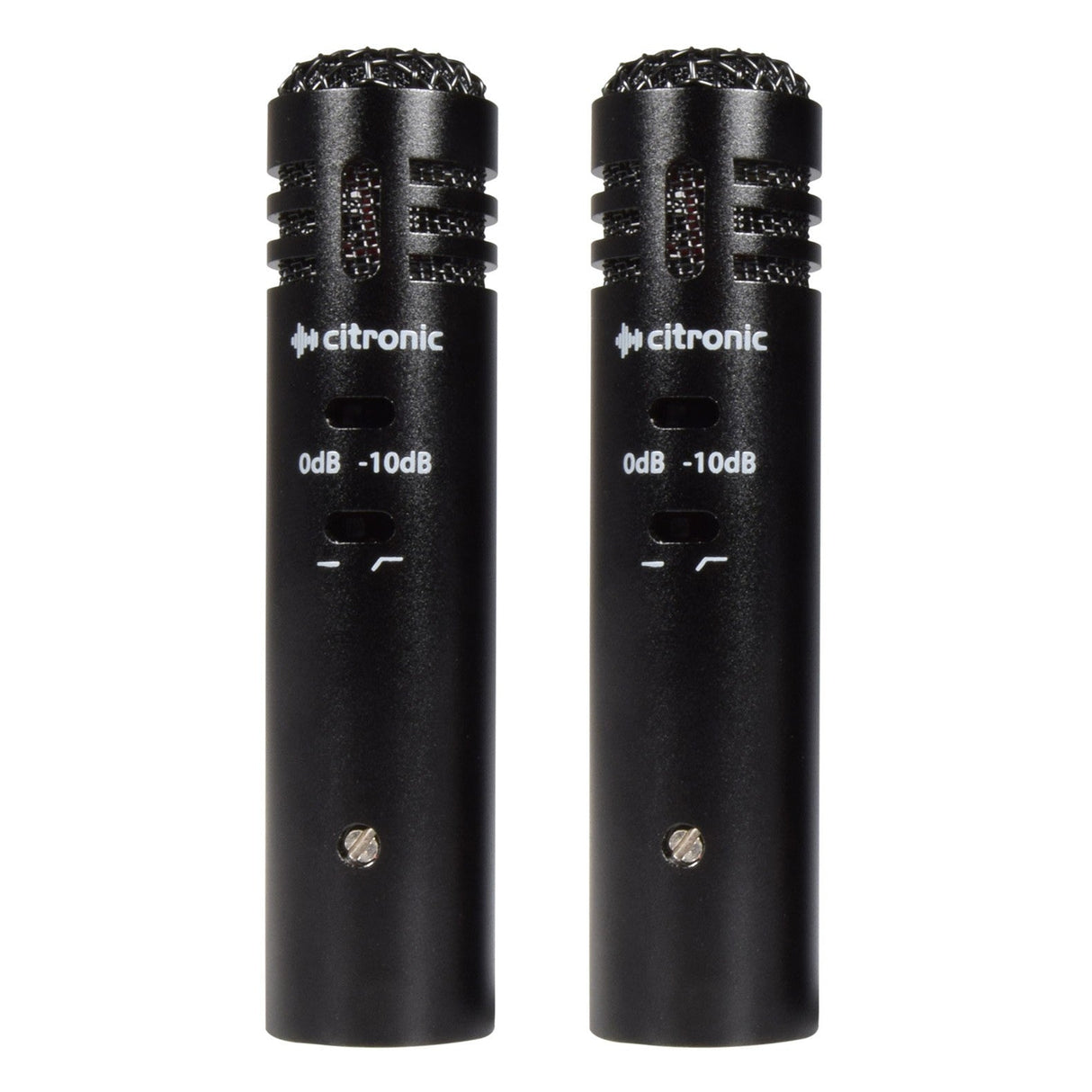 The Citronic EC20 Condenser Microphones, a stereo pair in black with adjustable decibel settings marked 0dB and -10dB, are positioned upright against a white background. These miniature cardioid microphones are perfect for stereo recording in environments with high sound pressure levels (SPLs).