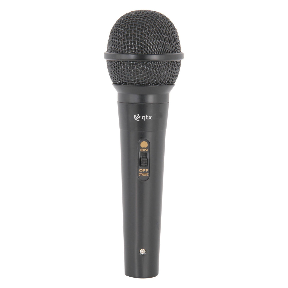 The QTX DM11B Dynamic Microphone - Black is a handheld microphone equipped with a mesh grille, a switch on the handle, and the QTX branding. It features a cardioid polar pattern that ensures focused and clear audio capture.